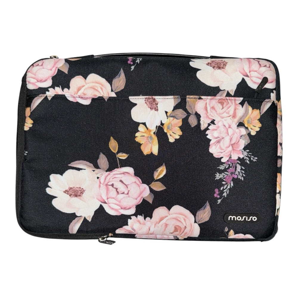 Mosiso laptop sleeve with a black base and peony floral pattern EUC